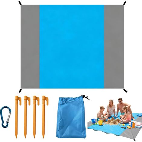 Manta de playa grande de 210 x 200 cm, repelente al agua y resistente a la arena, con 4 estacas, mosquetón y bolsa de almacenamiento, alfombra de picnic plegable para playa, camping y viajes, azul y g (1/5)