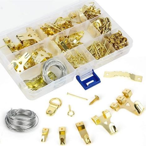 WOVTE 250pcs Picture Hanging Hooks with Assorted Wall Hooks, Nails, D-Rings, Sawtooth Backs, Steel Wire (1/4)
