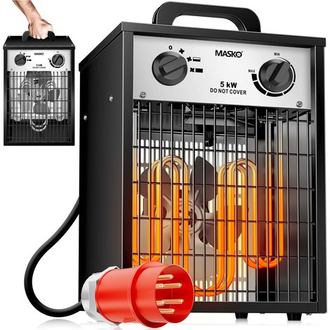 MASKO® Elektroheizer Heizlüfter Bauheizer mit integriertem Thermostat elektrisch Heizgerät mit 3 Heizstufen Heizgebläse für Innen- und Außeneinsat   Weiß / 5 KW
