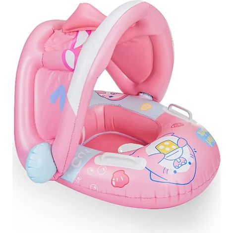 Inflatable Cartoon Toy with Floating Seat and Detachable Sunshade, Dual Purpose for Babies in the Pool and Bath, Animal Print Swimming Ring (1/5)