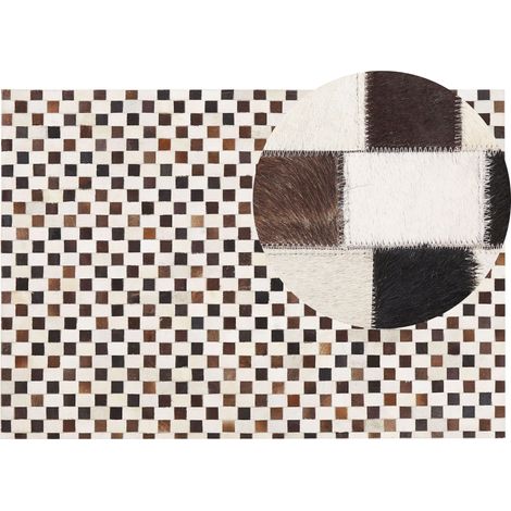 Alfombra de piel de vacuno marrón y beige 160 x 230 cm patrón geométrico patchwork Kayabey