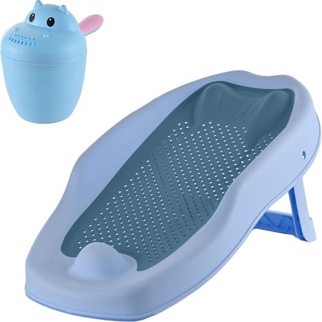 Relaxdays Baby Bath Support Set, Hippo rinse cup, tear-free, non-slip, H x W x D: 19 x 51.5 x 30 cm, PP/TPE, blue (1/5)