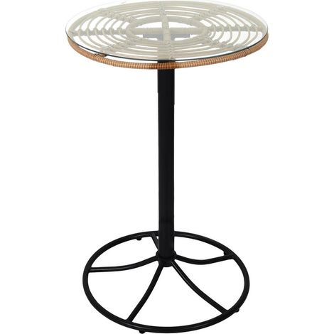 Altobuy – Table mange-debout noire Ø65cm H100cm – Plateau en verre transparent – Structure acier – Tressage polyéthylène marron (1/3)