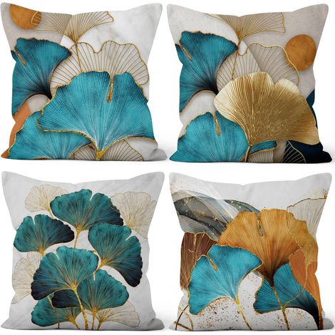 55x55cm Lot de 4 Housse de Coussin Vert Et Or Feuilles Doux Court Peluche Carré Taie d'oreiller Décor Maison pour Lit Salon Chambre Extérieur Canapé Balcon Terrasse Patio Jardin Voiture (1/5)