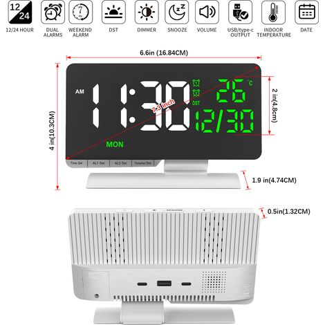 Grand réveil bureau numérique 6,6" double alarme – Température intérieure date ports USB Type-C gradation 6 niveaux 5 volumes DST snooze mode semaine blanc (1/5)