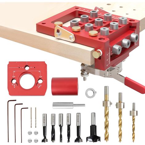 Kit de plantilla autocentrante para espigas, plantilla de perforación articulada de aleación de aluminio 3 en 1, guía de orificio autocentrante con múltiples brocas, plantilla para herrajes (1/5)