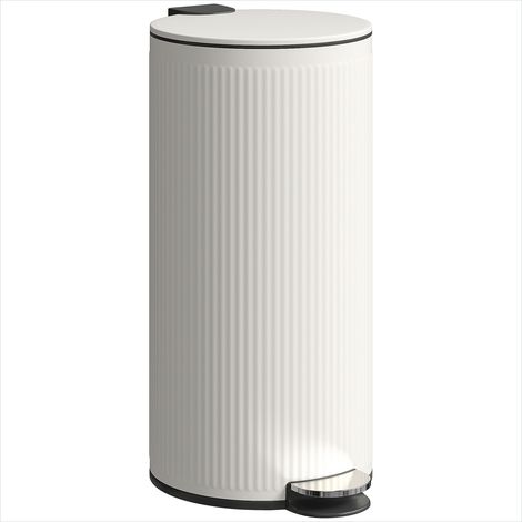 Poubelle à pédale 30L en métal crème, couvercle bambou et fermeture douce, seau intérieur amovible – Cuisine, bureau (1/5)