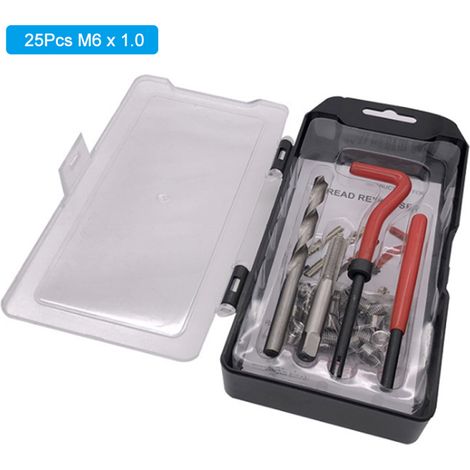 Kit de reparación de roscas M6 x 1.0 (25 piezas) compatible con Helicoil para roscas de 6 mm dañadas.