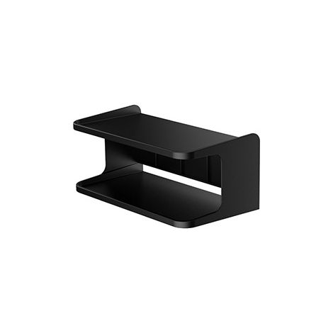 Double-tier floating wall shelf, double-tier bedside shelf, bedroom storage organizer, wall-mounted phone holder in black.