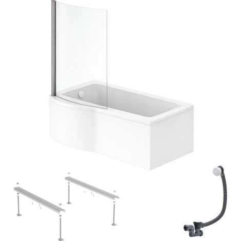 IDEAL STANDARD Connect Air, conjunto de bañera/ducha izquierda de 150 x 80 cm + delantal + mampara fija + patas + desagüe, blanco.