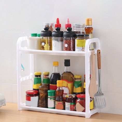 2-stöckiges Gewürzregal/Thekenregal/Büroaufbewahrungseinheit/freistehendes Gewürzregal, geeignet für Küchen, Büros, Wohnzimmer und Arbeitszimmer, 40 cm lang, weiß.