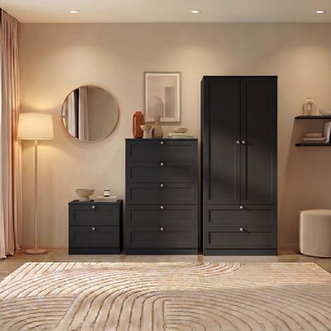Altino 3 Piece Bedroom Set with 2 Drawer Bedside, 5 Drawer Chest, 2 Door 2 Drawer Wardrobe, Black (1/4)