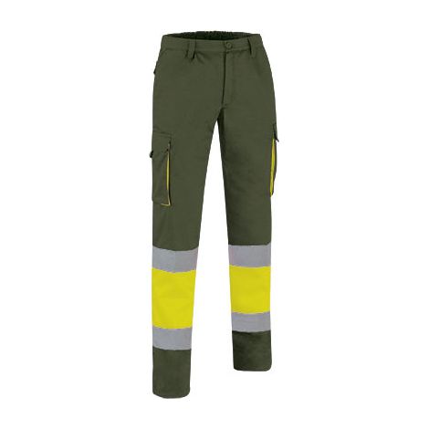 Pantalón de Alta Visibilidad multibolsillos bicolor con cintura elástica y cintas reflectantes EN 20471 de sarga VALENTO FACTORY S Amarillo flúor / Verde militar