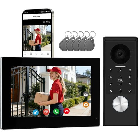 Visiophone filaire 2 Fils, Sonnette avec caméra, caméra Full HD, Interphone Vidéo prend en charge le mot de passe, écran tactile couleur 7" et audio bidirectionnel, détection de mouvement (1/5)
