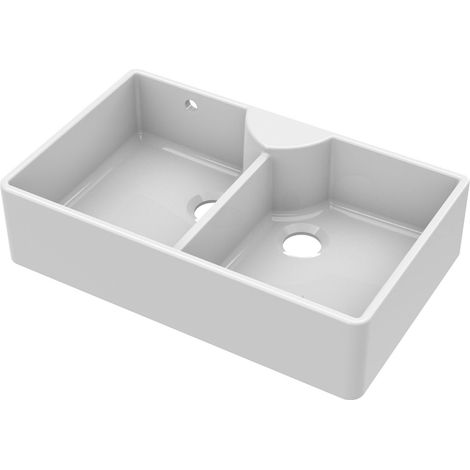 895mm - Fireclay Double Bowl Stepped Weir Butler Sink - with Tap Ledge, Overflow, No Tap Hole & Tap (1/4)