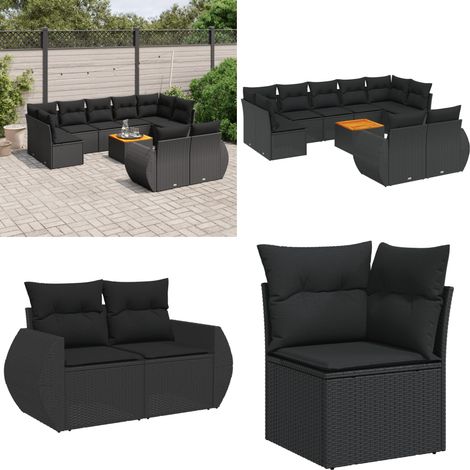 10-tlg. Garten-Sofagarnitur mit Kissen Schwarz Poly Rattan - Gartensorte - Gartenmöbelset - Outdoor Möbel - Lounge Set - Esstischgarnitur - Home & Living (1/5)