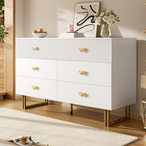 Meuble TV moderne avec 6 tiroirs, blanc et accents dorés – Design élégant en panneaux MDF et acier, parfait pour chambre, salon ou entrée, dimensions 120x40x75 cm. (1/5)