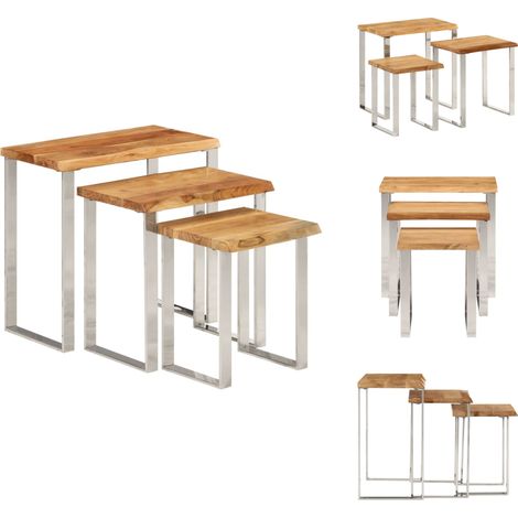 Tables gigognes 3 pcs avec bord vivant bois massif d'acacia - Table Basse - Table D'appoint - Meubles De Salon - Acacia Massif - Design Industriel (1/5)