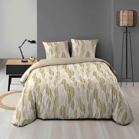 Parure de lit 240x220 cm + 2 taies – Microfibre imprimée KIM – Motif feuillage beige et or