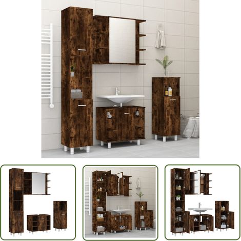 The Living Store 4-tlg. Badmöbel-Set Räuchereiche Holzwerkstoff - Badmöbel Set - Badezimmermöbel - Waschtischschrank - Spiegelschrank - Standregal (1/5)