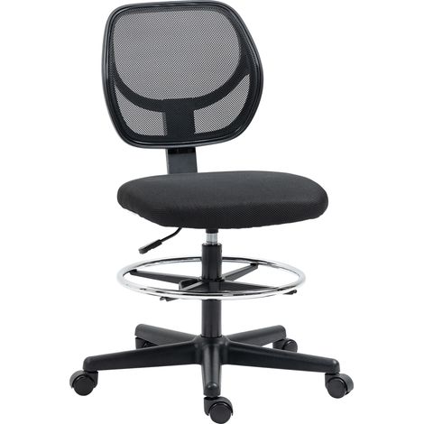 Chaise de bureau haute en tissu mesh, réglable en hauteur de 50 à 70 cm, avec repose-pieds pivotant à 360°, noire
