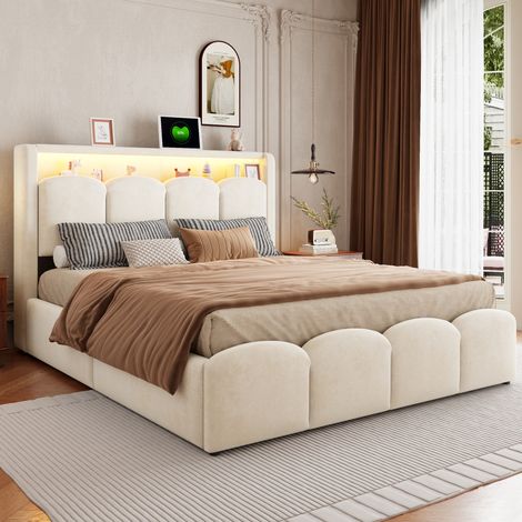 Lit coffre 140x200 cm design pétale - Lit double avec rangement tête de lit, prises USB/Type-C, LED ,velours beige (1/5)