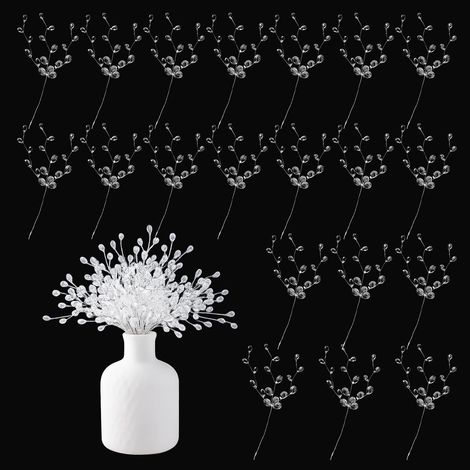 Lot de 20 branches de fleurs en acrylique avec cristaux - Bouquet de fleurs artificielles transparentes avec perles et paillettes - Décoration de table pour mariage, Noël, Thanksgiving (1/5)