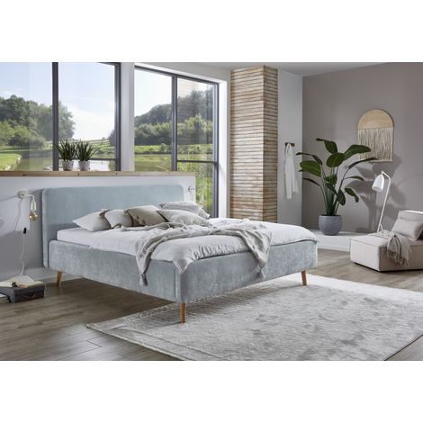 Meise Möbel Polsterbett Mattis 160x200 cm Doppelbett Bettgestell skandinavisches Kopfteil Strukturstoff Hellblau Holzfuß eichefarbig (1/5)