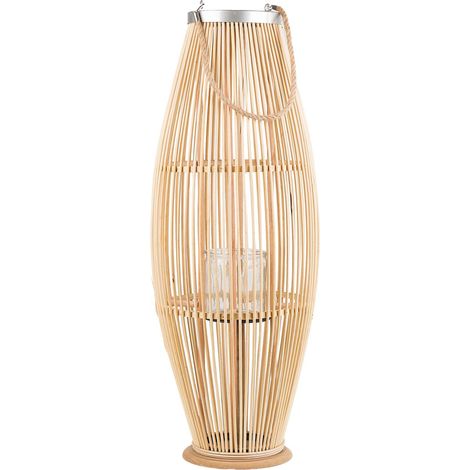 Linterna de bambú madera y vidrio 84 cm interior exterior tejido candelero escandinavo boho Tahiti