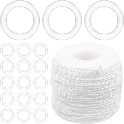 En stock : cordon de traction blanc de 1,8 mm (50 mètres), 100 stores romains transparents.