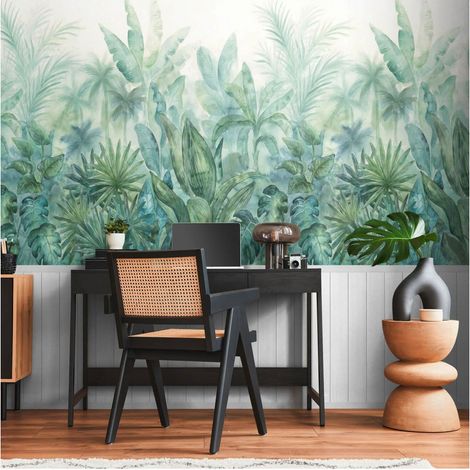 Photo wallpaper wall Profhome 398101 hot embossed non-woven wallpaper slightly textured with jungle elements matt green teal cream pale blue 1,59 m x 2,8 m (1/5)