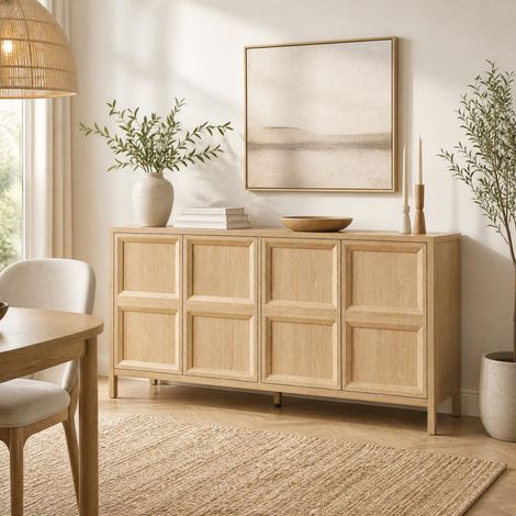 Buffet moderne 160x40x80 cm en MDF aspect chêne clair, ouverture Tip-On et Soft-Close (1/5)