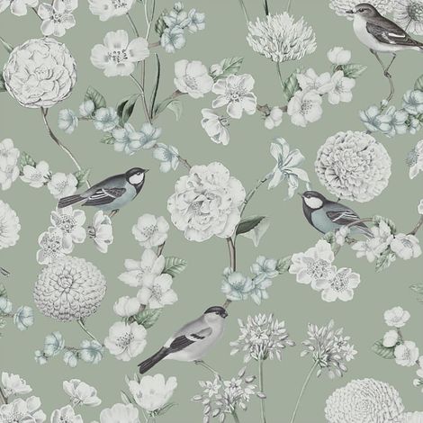 Avery Floral Wallpaper Sage Green Birds White Blossoms Botanical Natural (1/4)