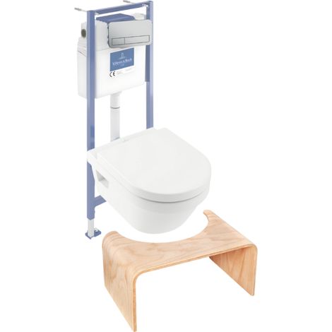 Pack WC sans bride VILLEROY ET BOCH Architectura abattant + bâti-support sol et mur + plaque chromée mat  + Tabouret bois