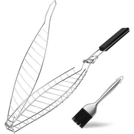 Fischgrillständer mit Ölpinsel, Fischzange zum Grillen, Edelstahl-Fischgrill mit abnehmbarem Griff zum Grillen von Fisch, Steaks und Fischfilets (1/5)