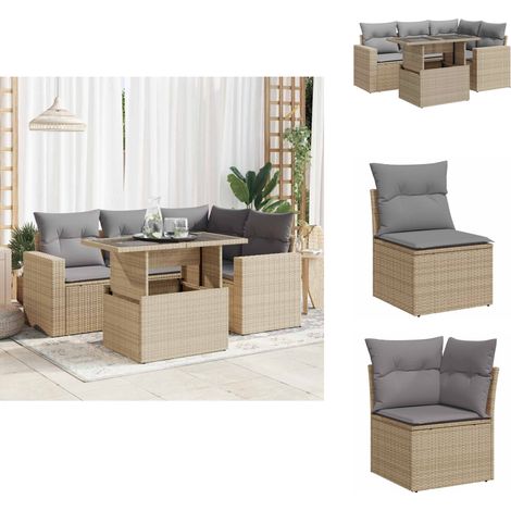 5-tlg. Garten-Sofagarnitur mit Kissen Beige Poly Rattan - Gartensofa Set - Garten Sofa Set - Outdoor Sofa Set - Garten Sofagarnitur (1/5)
