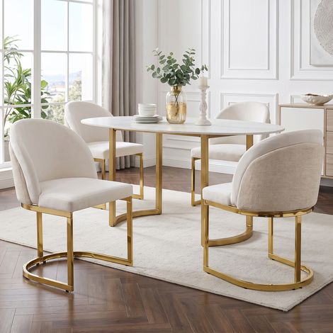 Silla de Comedor 4 Piezas, Respaldo Doble, Asiento en Chenilla, Patas de Metal Dorado, Beige y Oro (1/5)