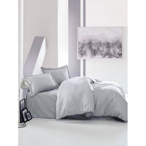 Bettwäsche - 1 Bettdecke 220 x 240 cm + 2 Kissenbezüge 60 x 60 cm - Satin 100% Baumwolle - Grau (1/5)