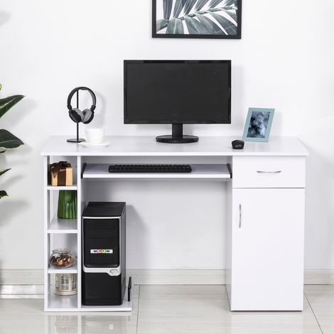 Bureau PC ergonomique avec étagères - blanc - tiroir et clavier à amer - armoire - 120x60x74cm