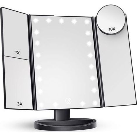 Miroir de maquillage avec éclairage, grossissement x2, x3, x10, commande tactile, pliable en trois parties, noir, 24 cm (L) x 34 cm (l), style contemporain, montage sur meuble-lavabo, salle de bain (1/5)