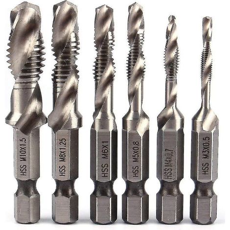 1/4"-Sechskant-HSS-Bohrer-Set, M3-M10 Kombinationsbohrer, metrisches Gewinde, für Holz, Eisen, Aluminium, Silber, 6-teilig