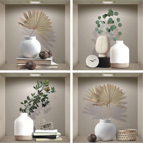 Sticker Muraux 3D Plante,Autocollant Muraux Feuille Vertes Adhésif,3D Stickers Mural Fleur et Beige Vase,Autocollants Muraux Bohème de Salon,Sticker Muraux Cuisine Chambre Décoration (1/5)