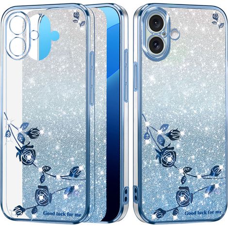 Custodia per iPhone 16, fiore glitterato, blu (1/2)