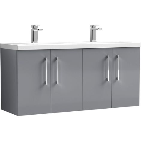 Balterley Bramshall 1200mm Wall Hung 4 Door Double Basin Vanity Unit for Modern Bathroom Storage - Satin Grey