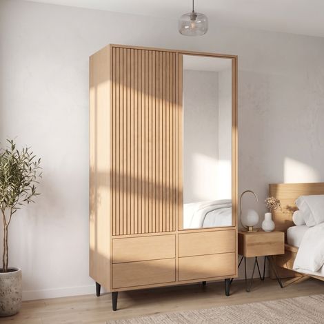Armoire dressing 2 portes avec miroir, 4 tiroirs et penderie, 90 x 45 x 200 cm en MDF bois clair, rangement chambre moderne avec étagères hautes – CHICFURN (1/5)