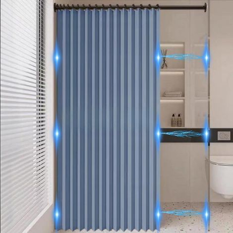 Rideau de Douche Magnétique Pliable Imperméable avec Crochets, Résistant aux éclaboussures, Rideaux de Douche en Polyester Lin pour Salle de Bain, Bleu, 80x200cm (1/5)