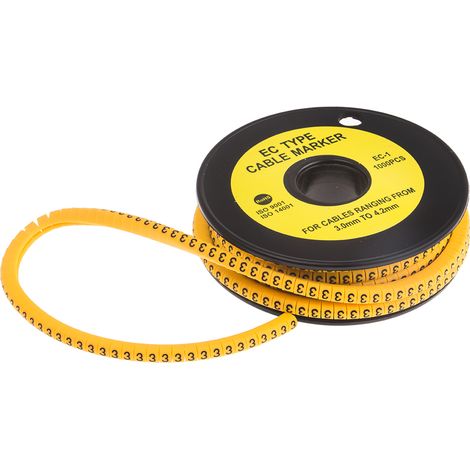 Repère câble , Ø câble 3 4.2mm, texte : 3, Noir sur Jaune ( Prix pour Bobine de 1000 )
