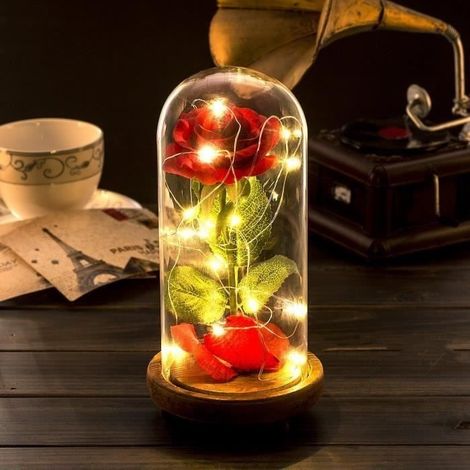 Rose Eternelle - La Belle et la Bête - Lampe LED - Couvercle Verre - Base Bois - Rouge (1/4)
