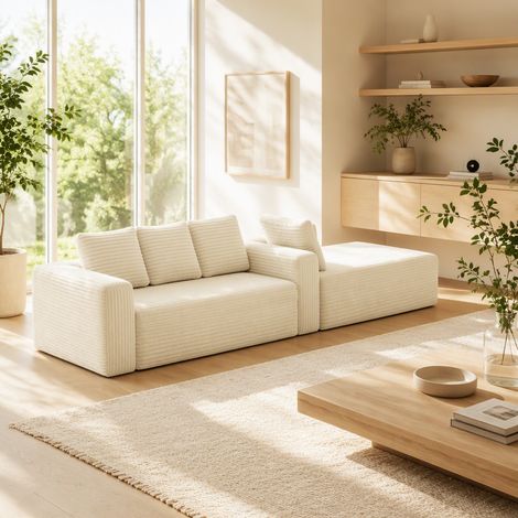 Canapé d’angle modulable en L avec méridienne gauche, assise profonde, velours côtelé beige (1/5)