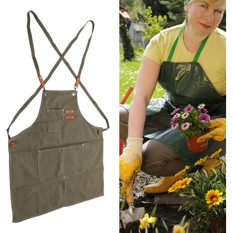 Delantal de cocina, delantal clásico, delantal de cocina, lona gruesa, diseño minimalista, hecho a mano, delantal grande, gris/verde, 1 delantal, 2 cierres (1/5)